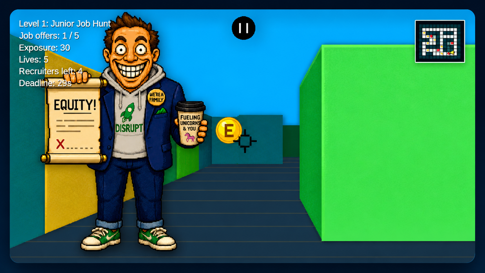 Hiring Inferno gameplay screenshot showing a recruiter in a retro maze