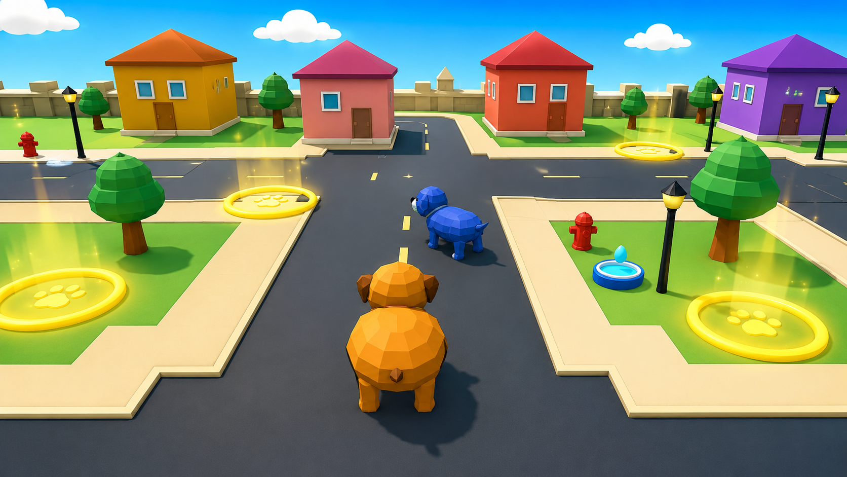 Mark My Turf gameplay showing dogs racing through a cartoon town